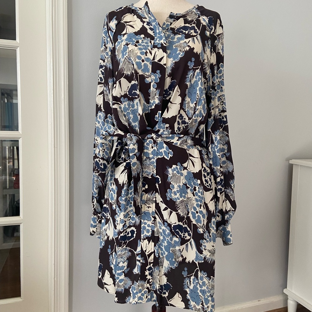 Reiss Long Sleeve Floral Dress in Blue, Brown and Cream